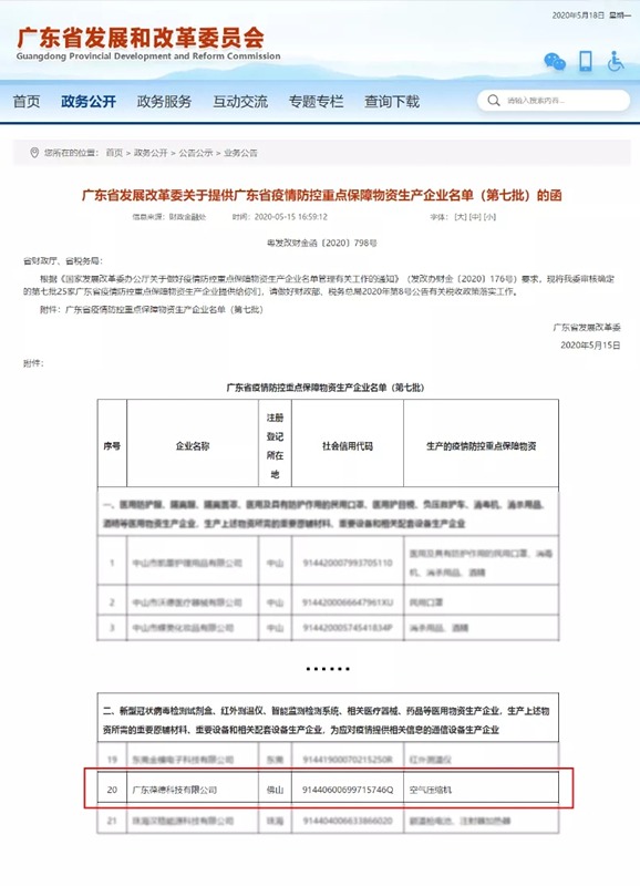 葆德空壓機(jī)入選廣東疫情防控重點(diǎn)保障物資生產(chǎn)企業(yè)