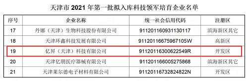 億昇科技入選天津市科技領(lǐng)軍培育企業(yè)